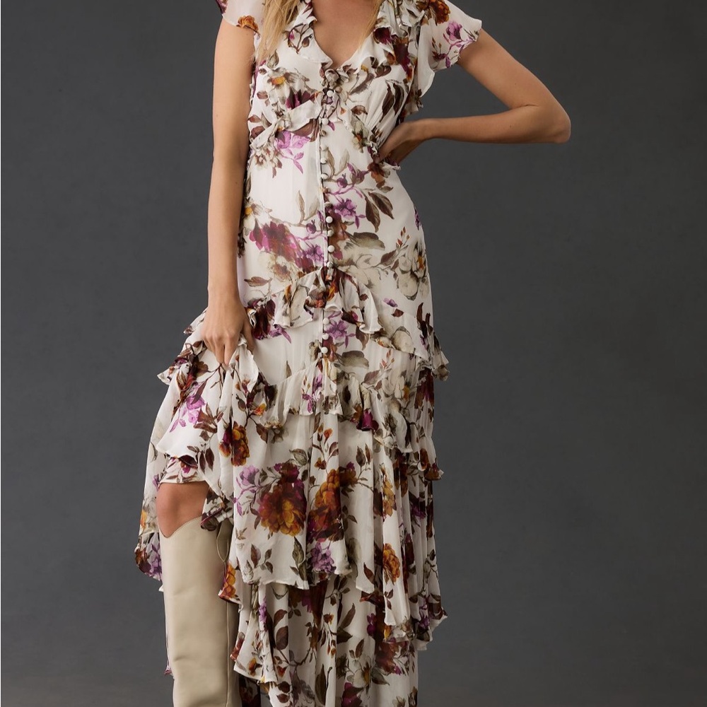 Anthropologie Cream High Low Sundress with Ruffled Wrap Design
